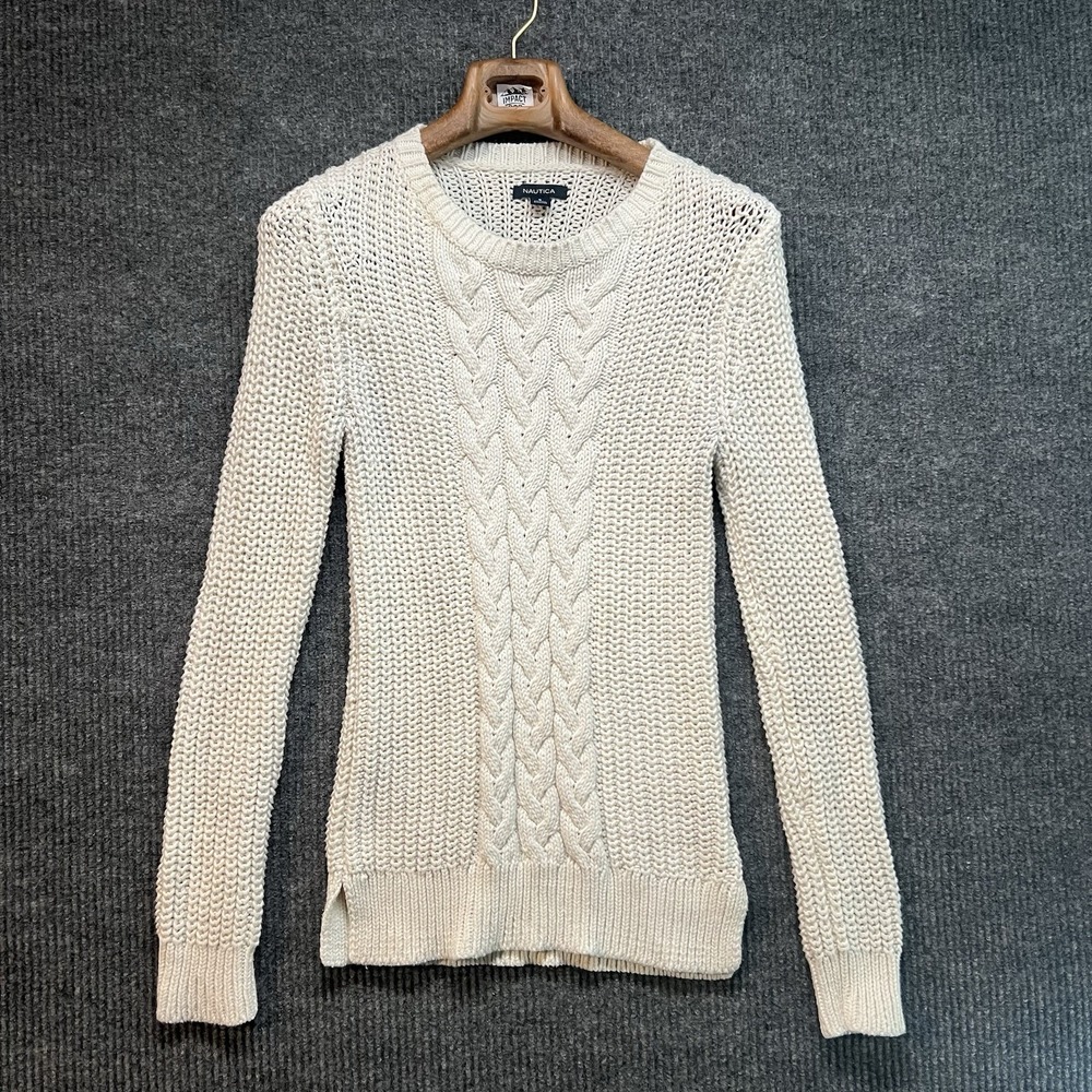 Nautica Sweater Womens Small White Cable Knit Long Sleeves Round Neck Stretchy